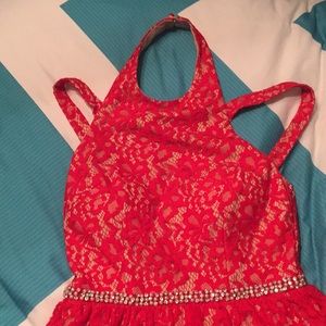 Red and beige, above the knee formal dress